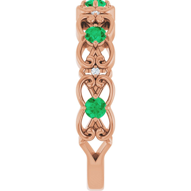 14K Gold Round Lab-Grown Emerald Vintage-Inspired Scroll Ring - Rose Gold - view 4