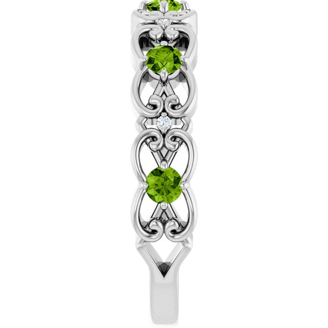 Platinum Round Natural Peridot Vintage-Inspired Scroll Ring - view 4