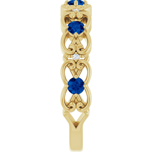 14K Gold Round Natural Blue Sapphire Vintage-Inspired Scroll Ring - Yellow Gold - view 4