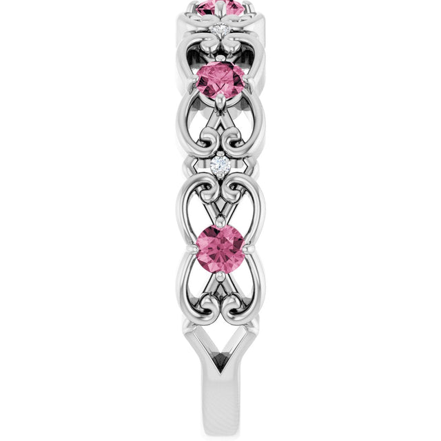 14K Gold Round Natural Pink Tourmaline Vintage-Inspired Scroll Ring - White Gold - view 4