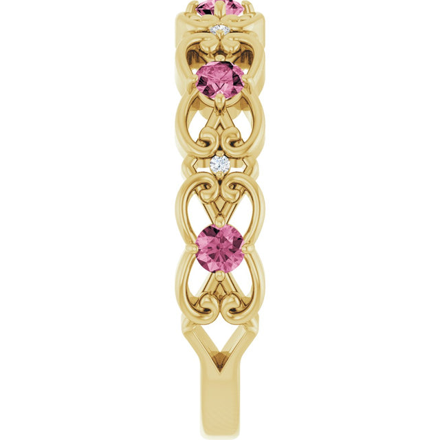 14K Gold Round Natural Pink Tourmaline Vintage-Inspired Scroll Ring - Yellow Gold - view 4