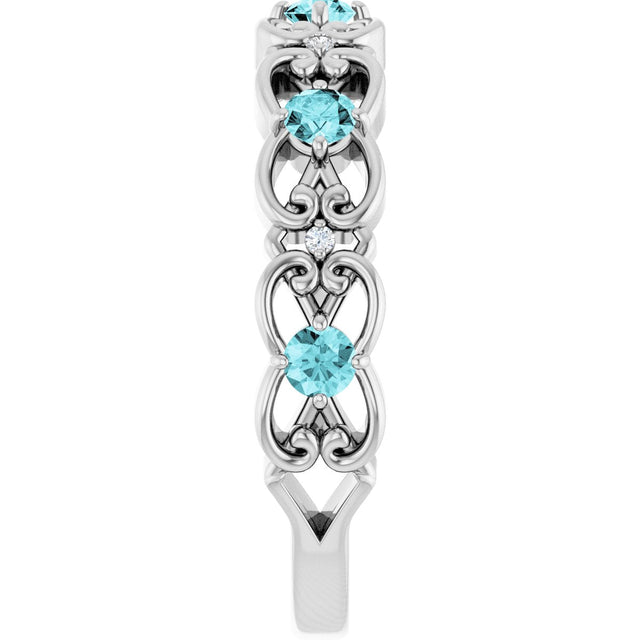 14K Gold Round Natural Blue Zircon Vintage-Inspired Scroll Ring - White Gold - view 4