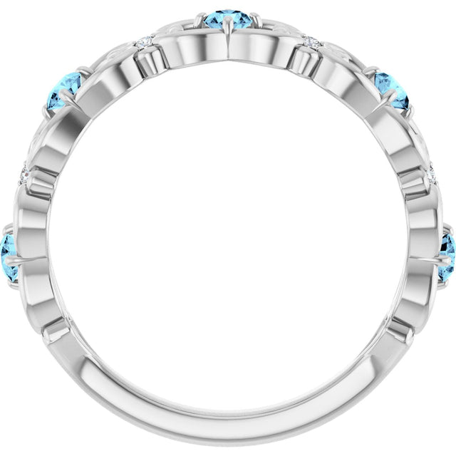 14K Gold Round Natural Aquamarine Vintage-Inspired Scroll Ring - White Gold - view 2
