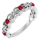 Platinum Round Lab-Grown Ruby Vintage-Inspired Scroll Ring