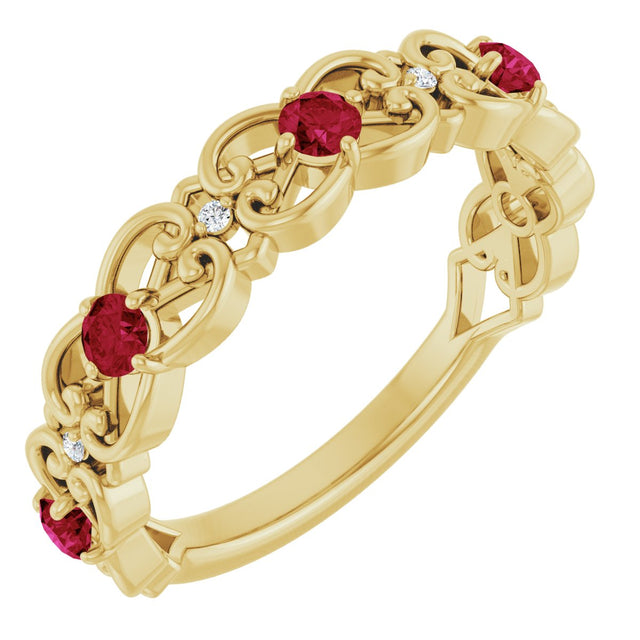 14K Gold Round Lab-Grown Ruby Vintage-Inspired Scroll Ring - Yellow Gold