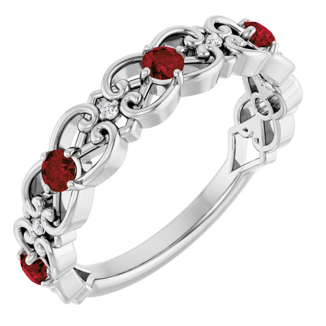 Platinum Round Natural Mozambique Garnet Vintage-Inspired Scroll Ring