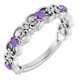 Platinum Round Natural Amethyst Vintage-Inspired Scroll Ring