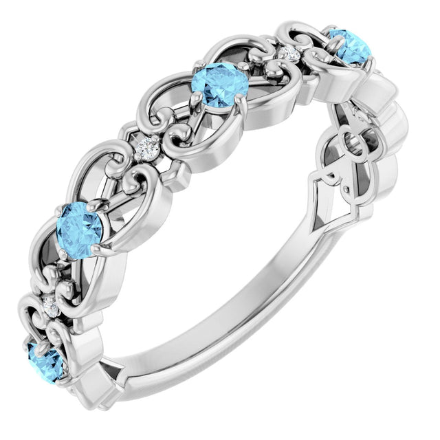 14K Gold Round Natural Aquamarine Vintage-Inspired Scroll Ring - White Gold