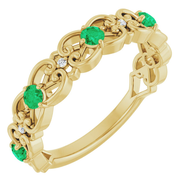 14K Gold Round Lab-Grown Emerald Vintage-Inspired Scroll Ring - Yellow Gold