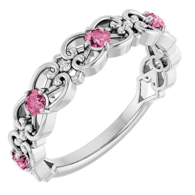 14K Gold Round Natural Pink Tourmaline Vintage-Inspired Scroll Ring - White Gold