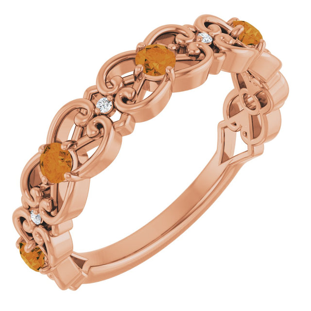 14K Gold Round Natural Citrine Vintage-Inspired Scroll Ring - Rose Gold