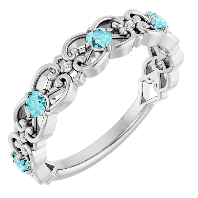 14K Gold Round Natural Blue Zircon Vintage-Inspired Scroll Ring - White Gold