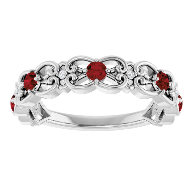 Platinum Round Natural Mozambique Garnet Vintage-Inspired Scroll Ring - view 3