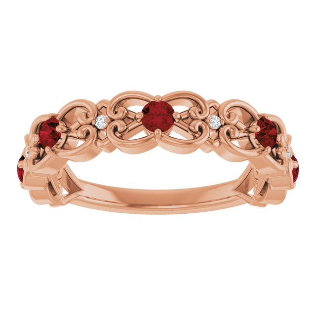 14K Gold Round Natural Mozambique Garnet Vintage-Inspired Scroll Ring - Rose Gold - view 3