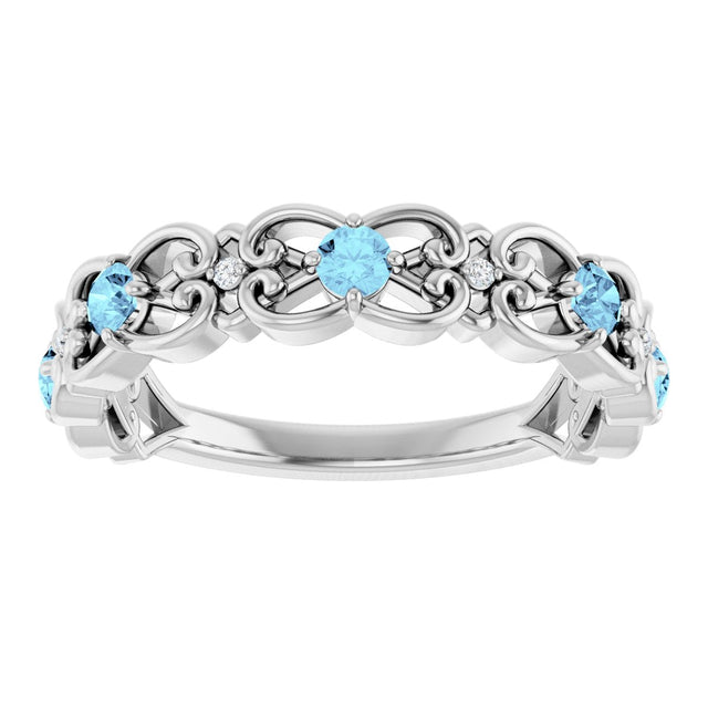 Platinum Round Natural Aquamarine Vintage-Inspired Scroll Ring - view 3