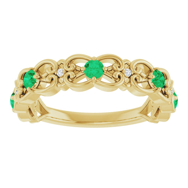 14K Gold Round Lab-Grown Emerald Vintage-Inspired Scroll Ring - Yellow Gold - view 3