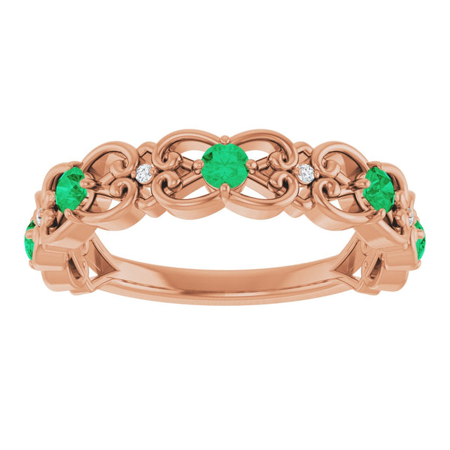 14K Gold Round Lab-Grown Emerald Vintage-Inspired Scroll Ring - Rose Gold - view 3