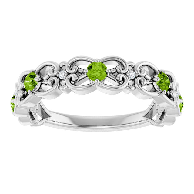 Platinum Round Natural Peridot Vintage-Inspired Scroll Ring - view 3