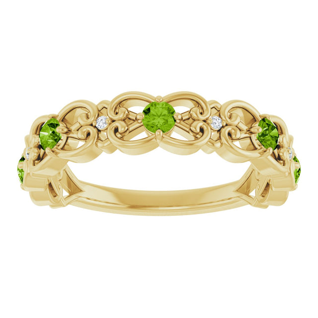 14K Gold Round Natural Peridot Vintage-Inspired Scroll Ring - Yellow Gold - view 3