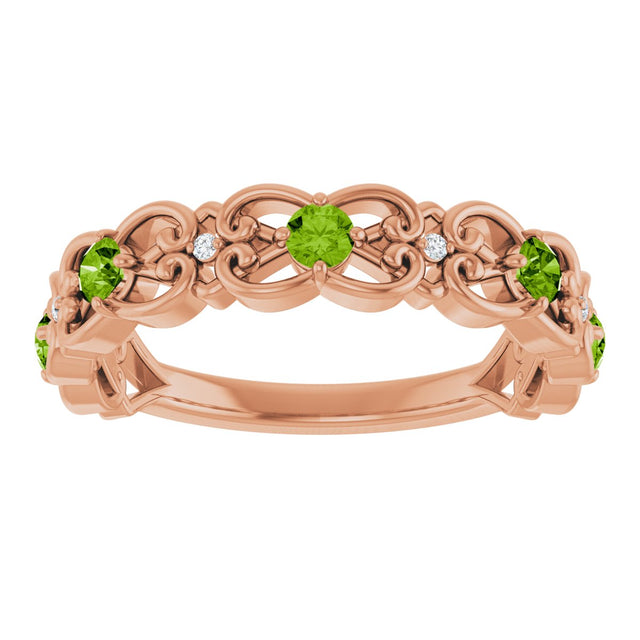 14K Gold Round Natural Peridot Vintage-Inspired Scroll Ring - Rose Gold - view 3