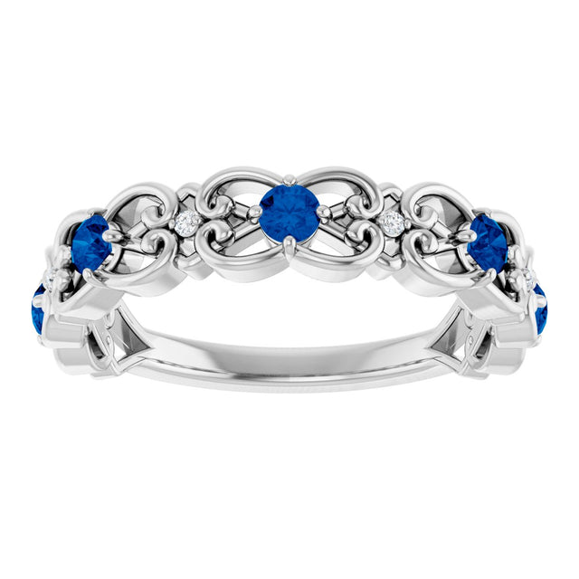14K Gold Round Natural Blue Sapphire Vintage-Inspired Scroll Ring - White Gold - view 3