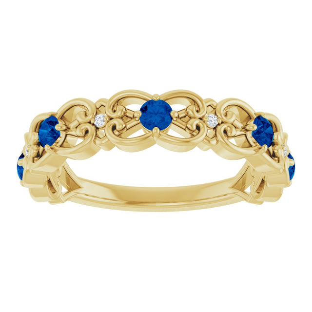 14K Gold Round Natural Blue Sapphire Vintage-Inspired Scroll Ring - Yellow Gold - view 3