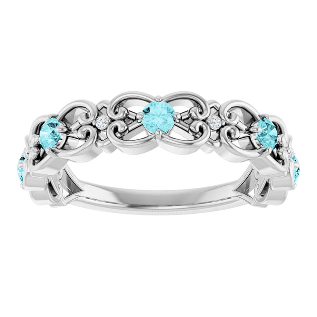 14K Gold Round Natural Blue Zircon Vintage-Inspired Scroll Ring - White Gold - view 3