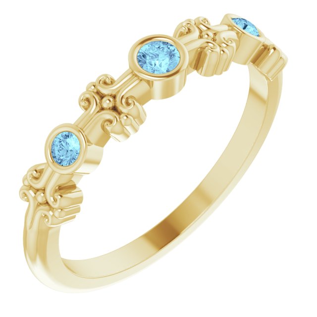 14K Gold Round Natural Aquamarine Bezel-Set Ring III - Yellow Gold