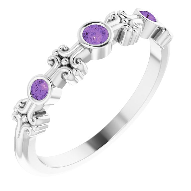 Platinum Round Natural Amethyst Bezel-Set Ring III