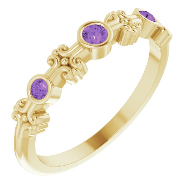 14K Gold Round Natural Amethyst Bezel-Set Ring III - Yellow Gold