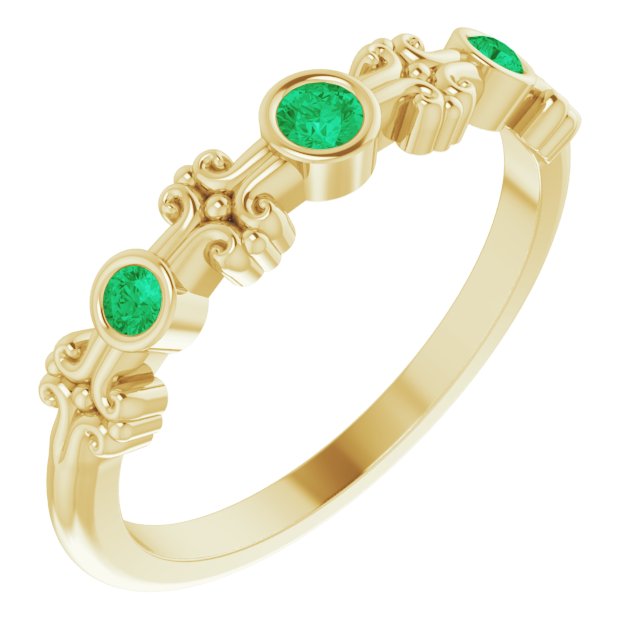 14K Gold Round Natural Emerald Bezel-Set Ring III - Yellow Gold