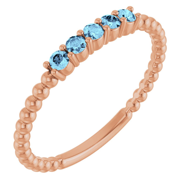 14K Gold Round Natural Aquamarine Stackable Ring – 2mm Stones - Rose Gold
