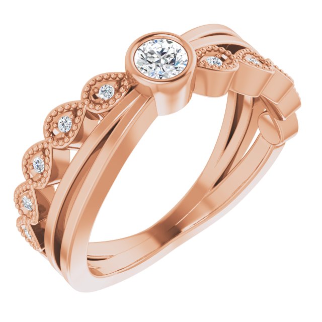 14K Gold Round Natural Diamond Criss-Cross Bezel-Set Ring - Rose Gold