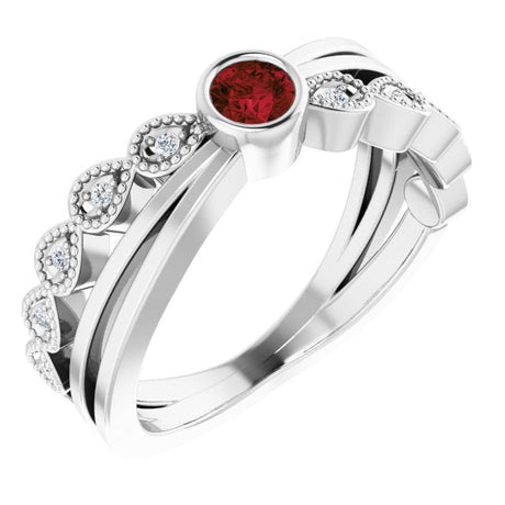 14K Gold Round Natural Mozambique Garnet Criss-Cross Bezel-Set Ring - White Gold