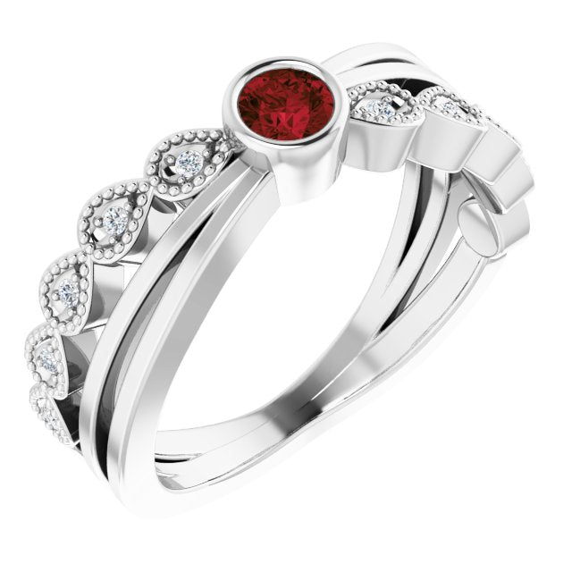 14K Gold Round Natural Mozambique Garnet Criss-Cross Bezel-Set Ring - White Gold