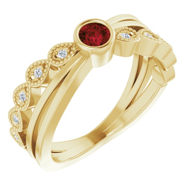14K Gold Round Natural Mozambique Garnet Criss-Cross Bezel-Set Ring - Yellow Gold
