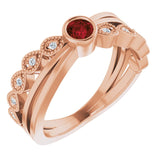 14K Gold Round Natural Mozambique Garnet Criss-Cross Bezel-Set Ring - Rose Gold