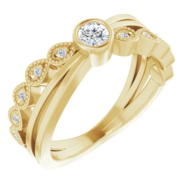 14K Gold Round Natural White Sapphire Criss-Cross Bezel-Set Ring - Yellow Gold