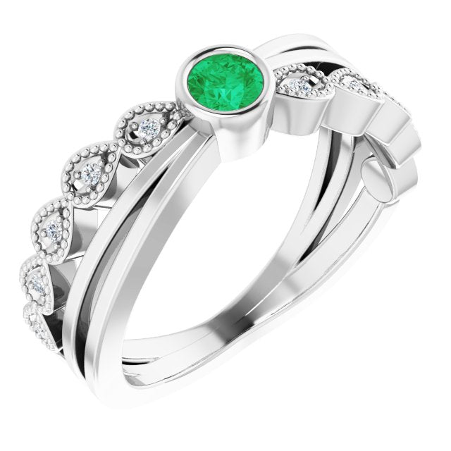 Platinum Round Natural Emerald Criss-Cross Bezel-Set Ring