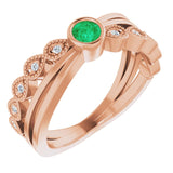 14K Gold Round Natural Emerald Criss-Cross Bezel-Set Ring - Rose Gold