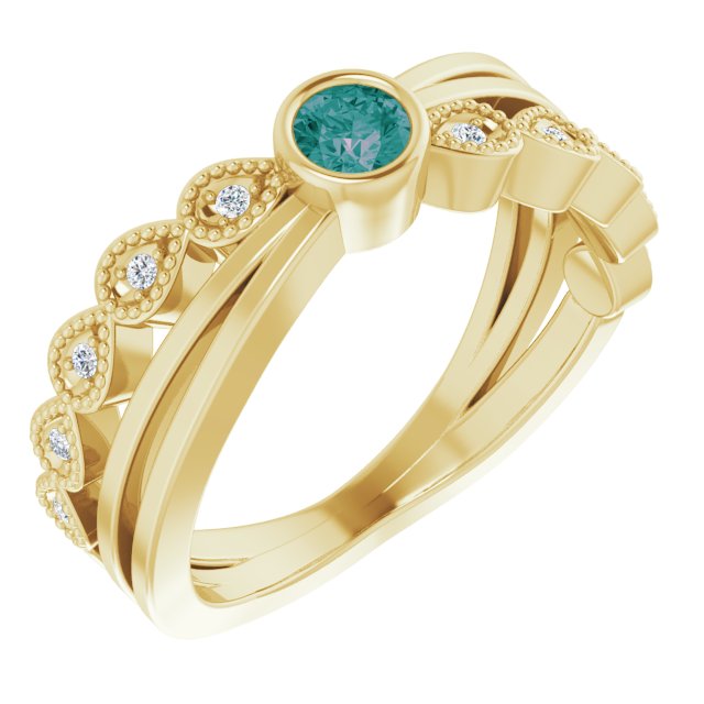 14K Gold Round Natural Alexandrite Criss-Cross Bezel-Set Ring - Yellow Gold