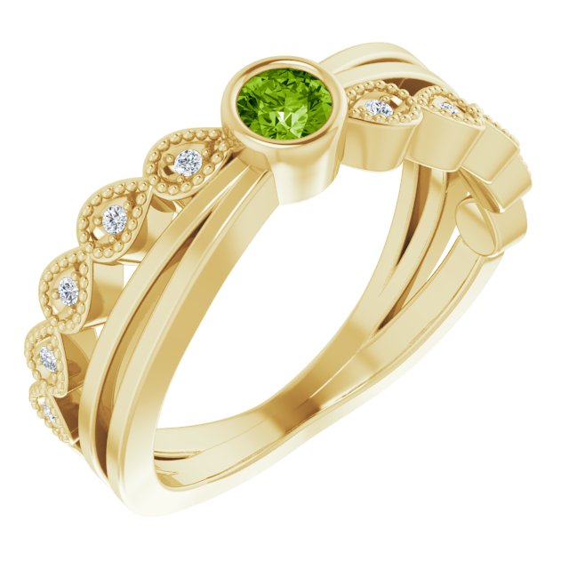 14K Gold Round Natural Peridot Criss-Cross Bezel-Set Ring - Yellow Gold