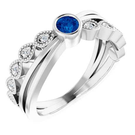 14K Gold Round Natural Blue Sapphire Criss-Cross Bezel-Set Ring - White Gold