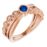 14K Gold Round Natural Blue Sapphire Criss-Cross Bezel-Set Ring - Rose Gold
