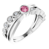 14K Gold Round Natural Pink Tourmaline Criss-Cross Bezel-Set Ring - White Gold