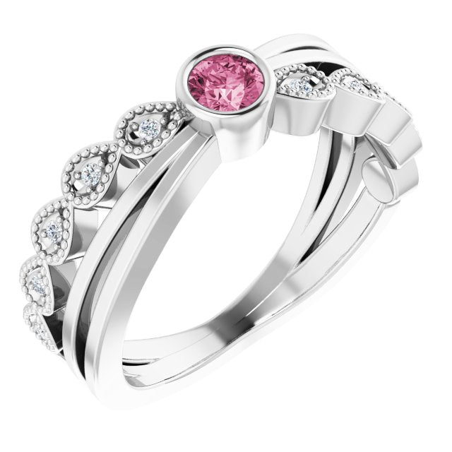 Platinum Round Natural Pink Tourmaline Criss-Cross Bezel-Set Ring