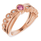 14K Gold Round Natural Pink Tourmaline Criss-Cross Bezel-Set Ring - Rose Gold