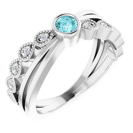 Platinum Round Natural Blue Zircon Criss-Cross Bezel-Set Ring