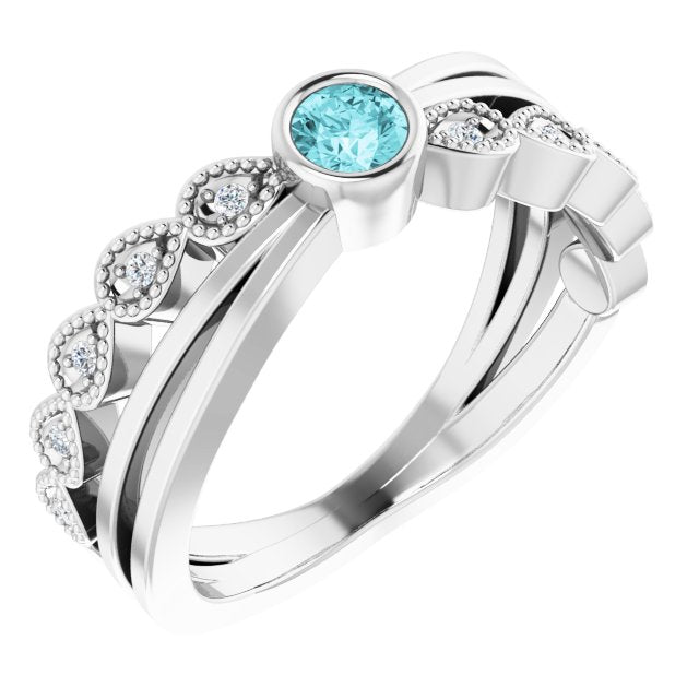 14K Gold Round Natural Blue Zircon Criss-Cross Bezel-Set Ring - White Gold
