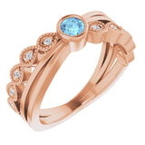 14K Gold Round Natural Aquamarine Criss-Cross Bezel-Set Ring - Rose Gold